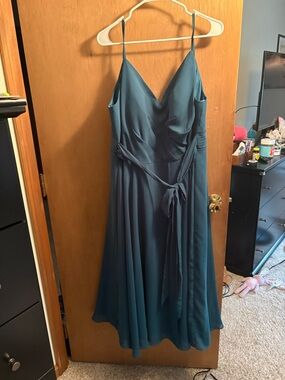 JJs House Peacock V-Neck Spaghetti Strap Midi Dress with Waist Tie